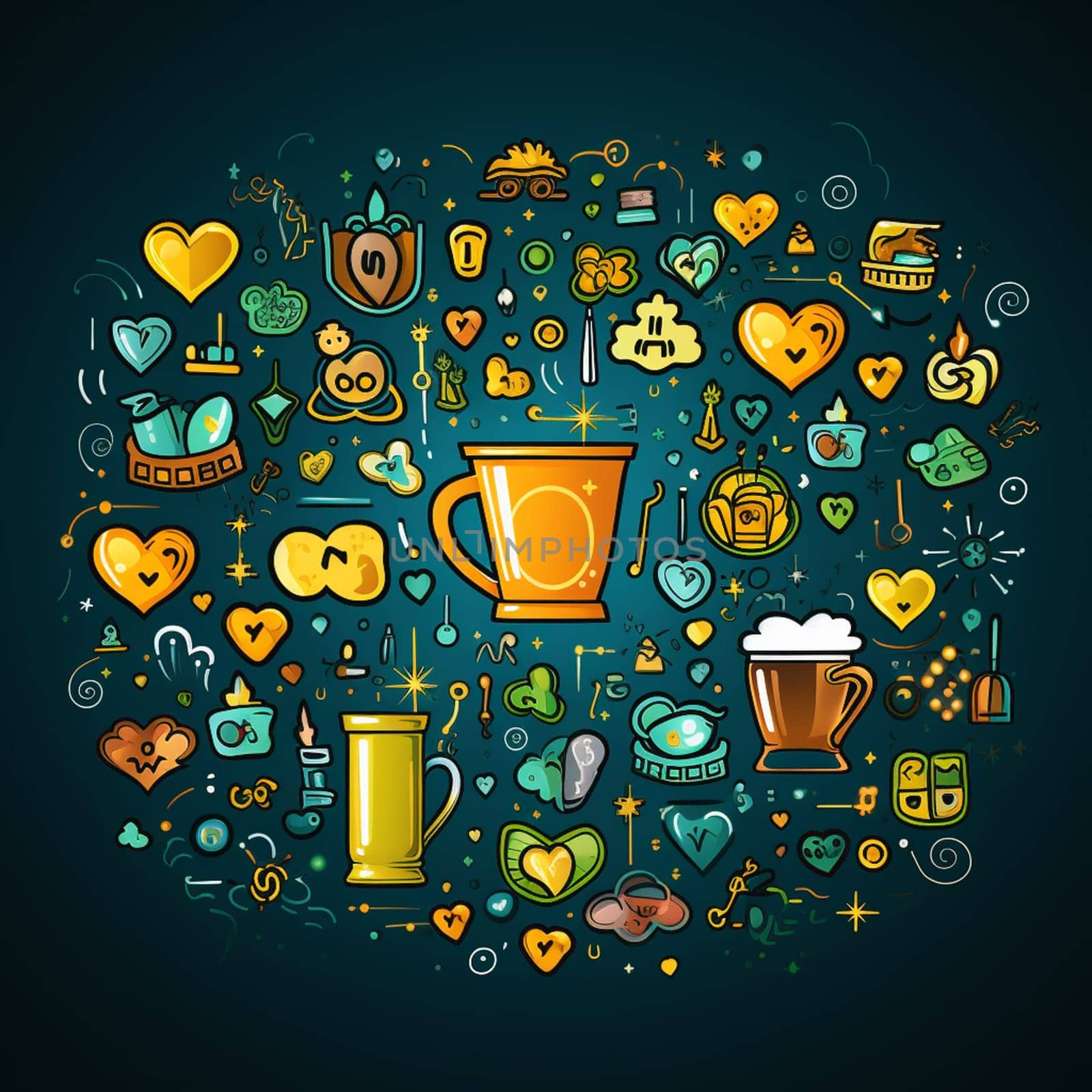 Illustration Black Icons of Beer and Snacks in Round Frame. High quality photo