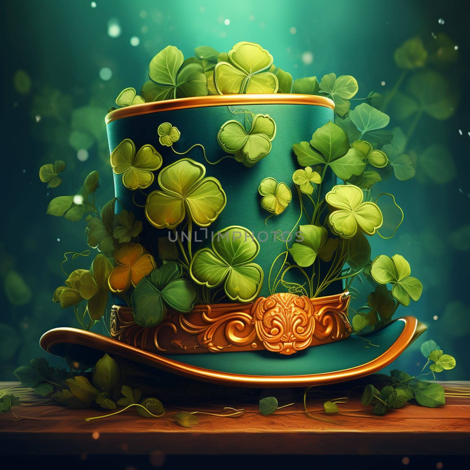 St Patrick's shiny green hat on glowing bokeh background. High quality photo