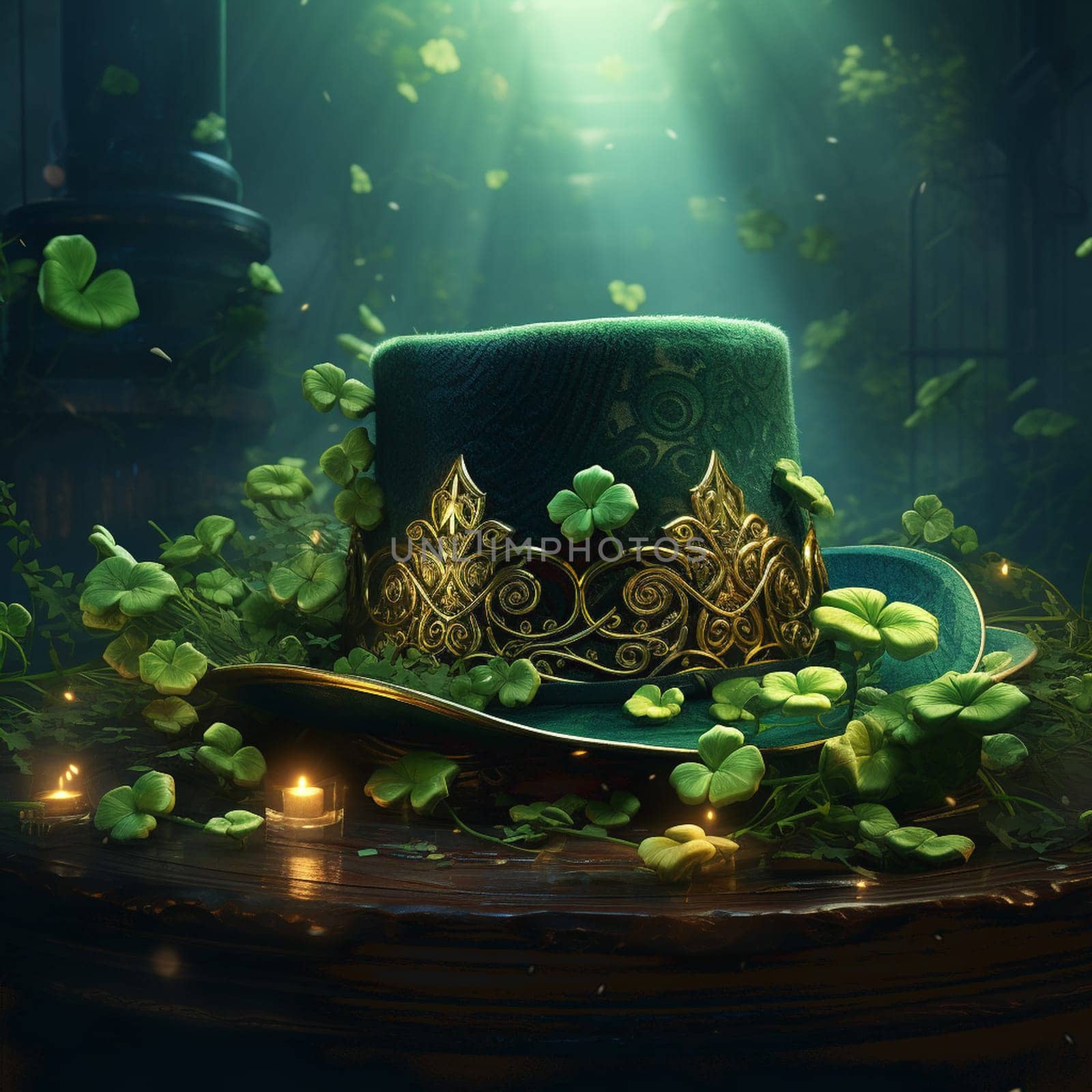 St. Patrick's day. 3d render illustration. Green leprechaun hat, clover and gold coins on dark background. Holiday card by Andelov13