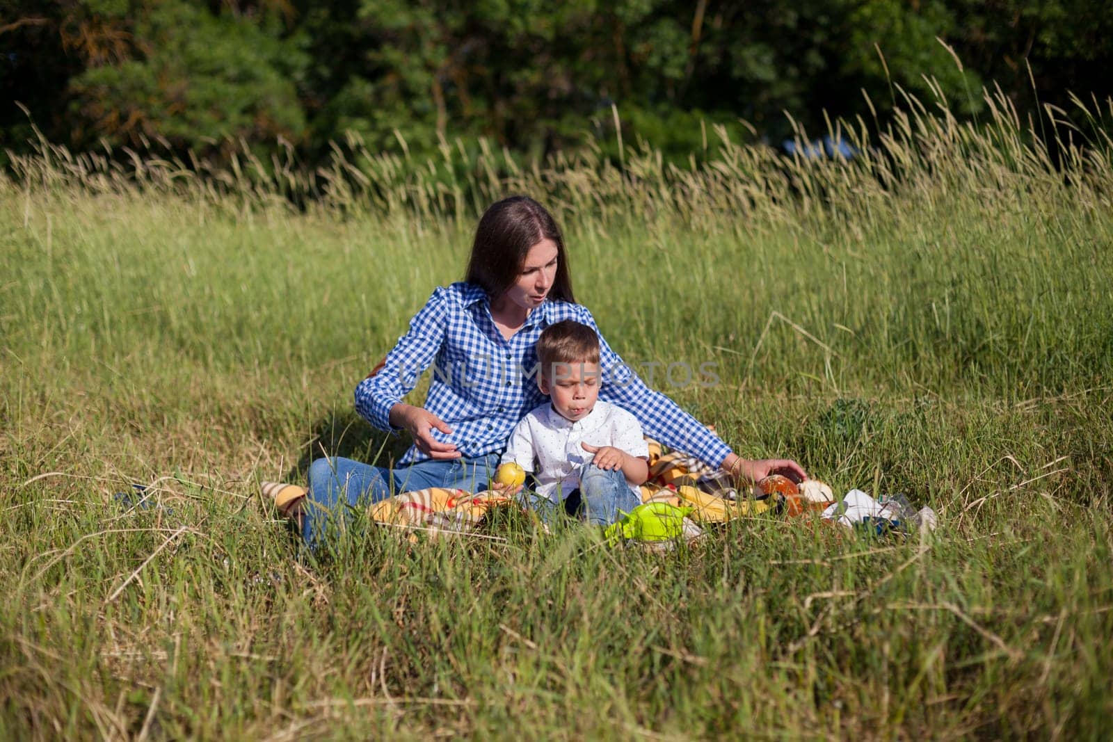 woman with her son on a picnic in a field near the forest