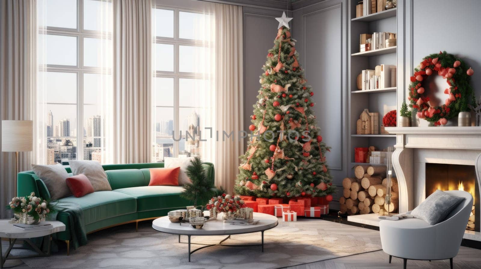 Interior of decorated living room with Christmas tree and comfortable sofa for family comeliness