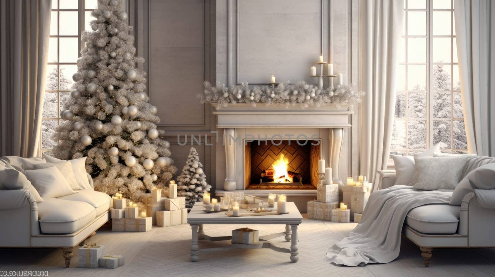 Interior of decorated living room with Christmas tree and comfortable sofa for family comeliness