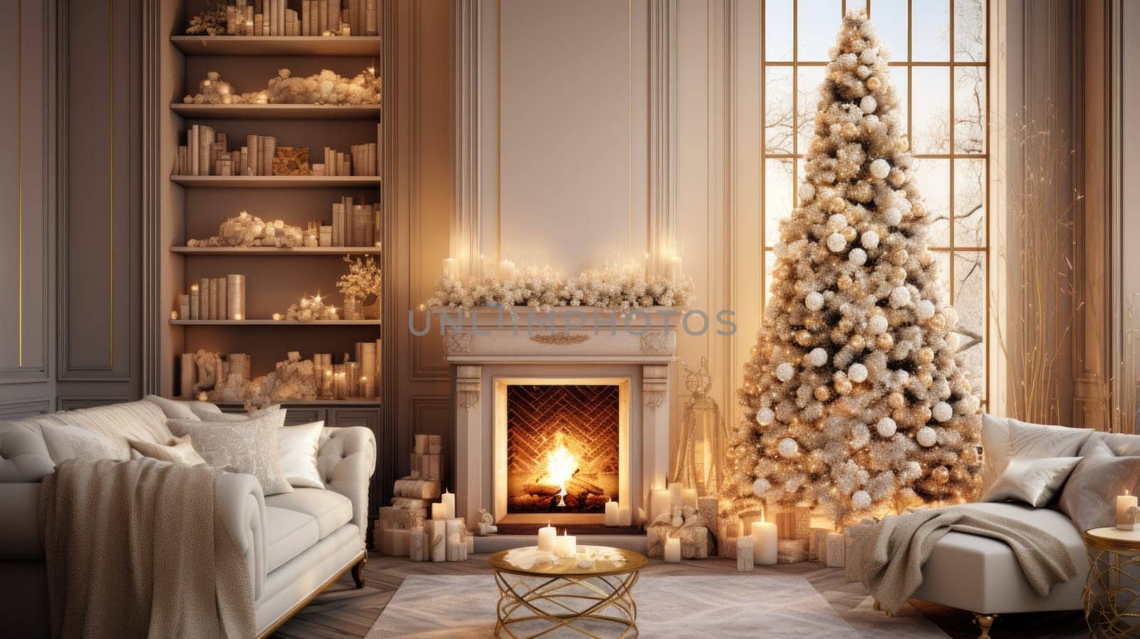 Interior of decorated living room with Christmas tree and sofa comeliness by biancoblue