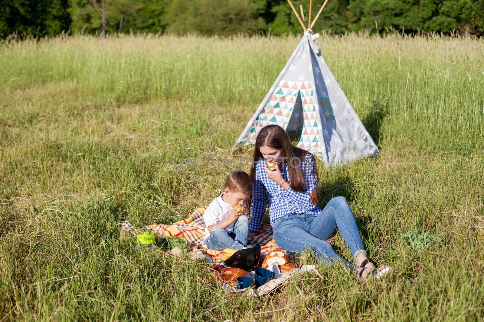 Beautiful woman with her beloved son on a picnic in the woods