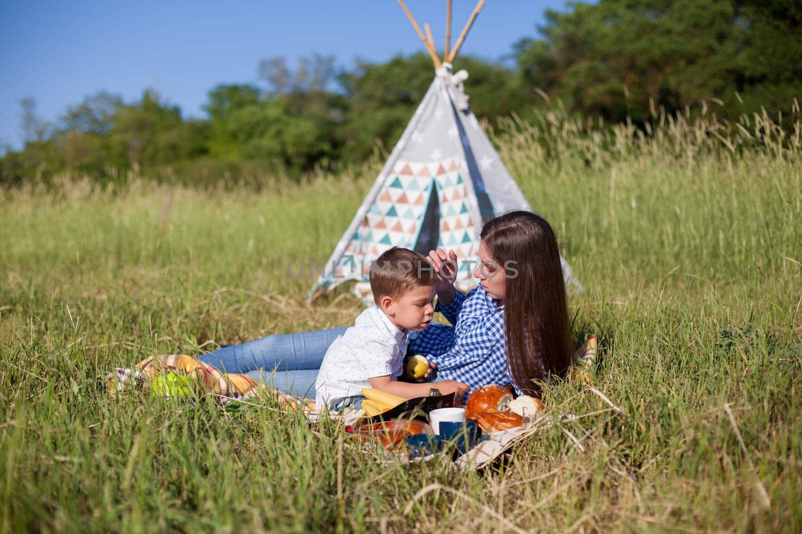 Beautiful woman with her beloved son on a picnic in the woods