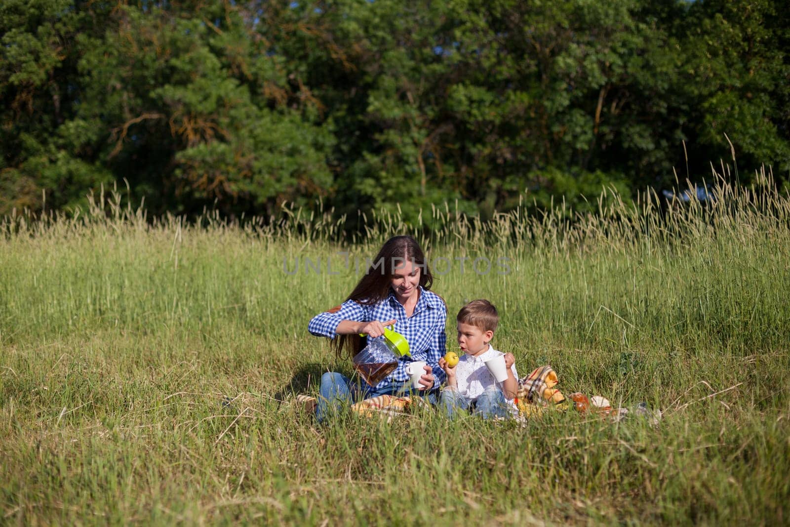 Beautiful woman with her beloved son on a picnic in the woods