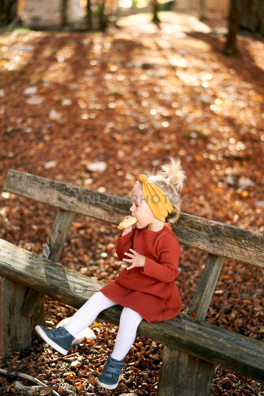 Little girl eating a bun on a wooden bench in the autumn park, dangling her legs by Nadtochiy
