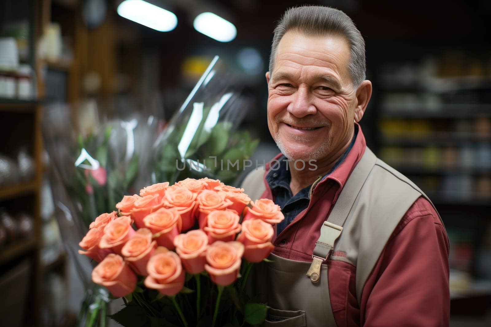 A delightful portrait of a man with a bouquet of pink roses is perfect for Valentine's Day. The man smiles and radiates joy, creating a touching image.