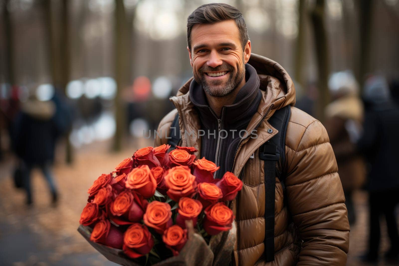 Valentine's Day Romance: Happy Man with Bouquet of Exquisite Pink Roses by Yurich32