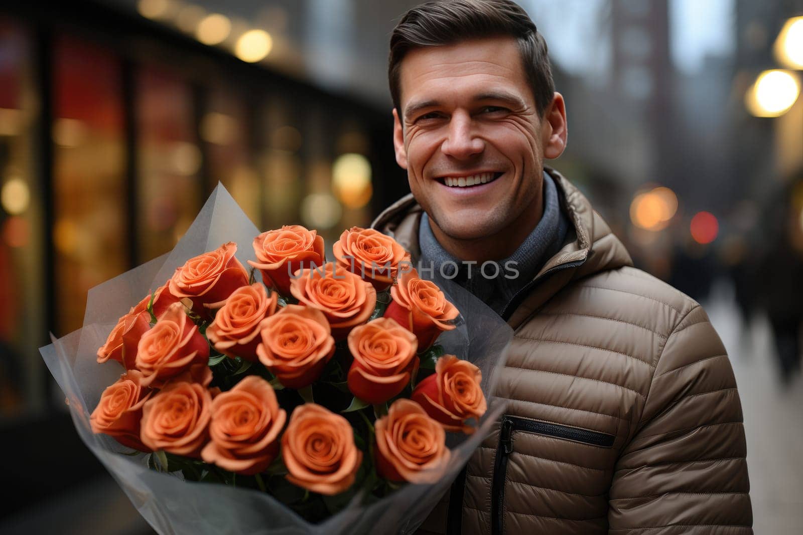Valentine's Day portrait: smiling man holding bouquet of delicate pink roses. by Yurich32