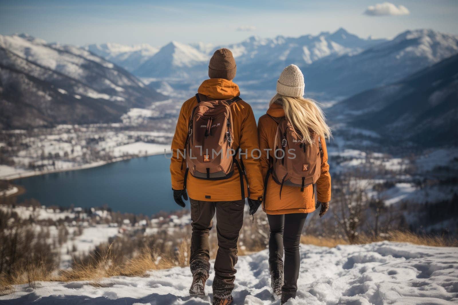 Couple in love enjoying winter beauty at delightful ski resort by Yurich32