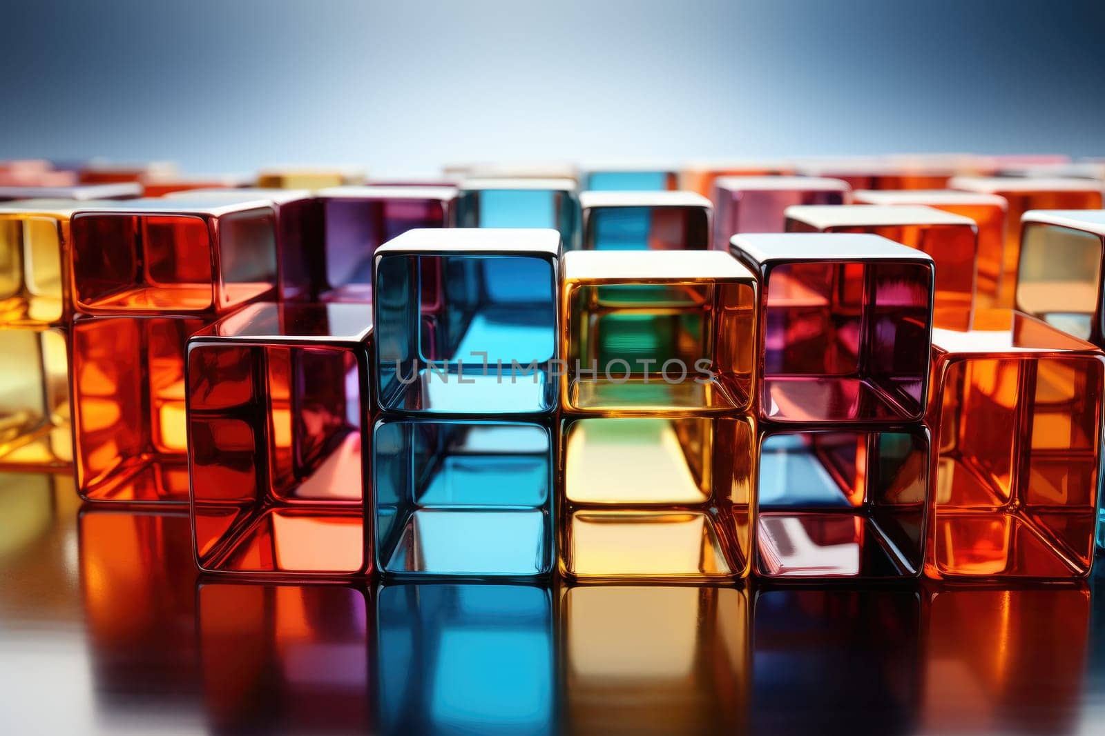 A vibrant and abstract background created from an assortment of multicolored glass cubes, each featuring diverse hues and patterns, providing a visually stunning and dynamic composition.