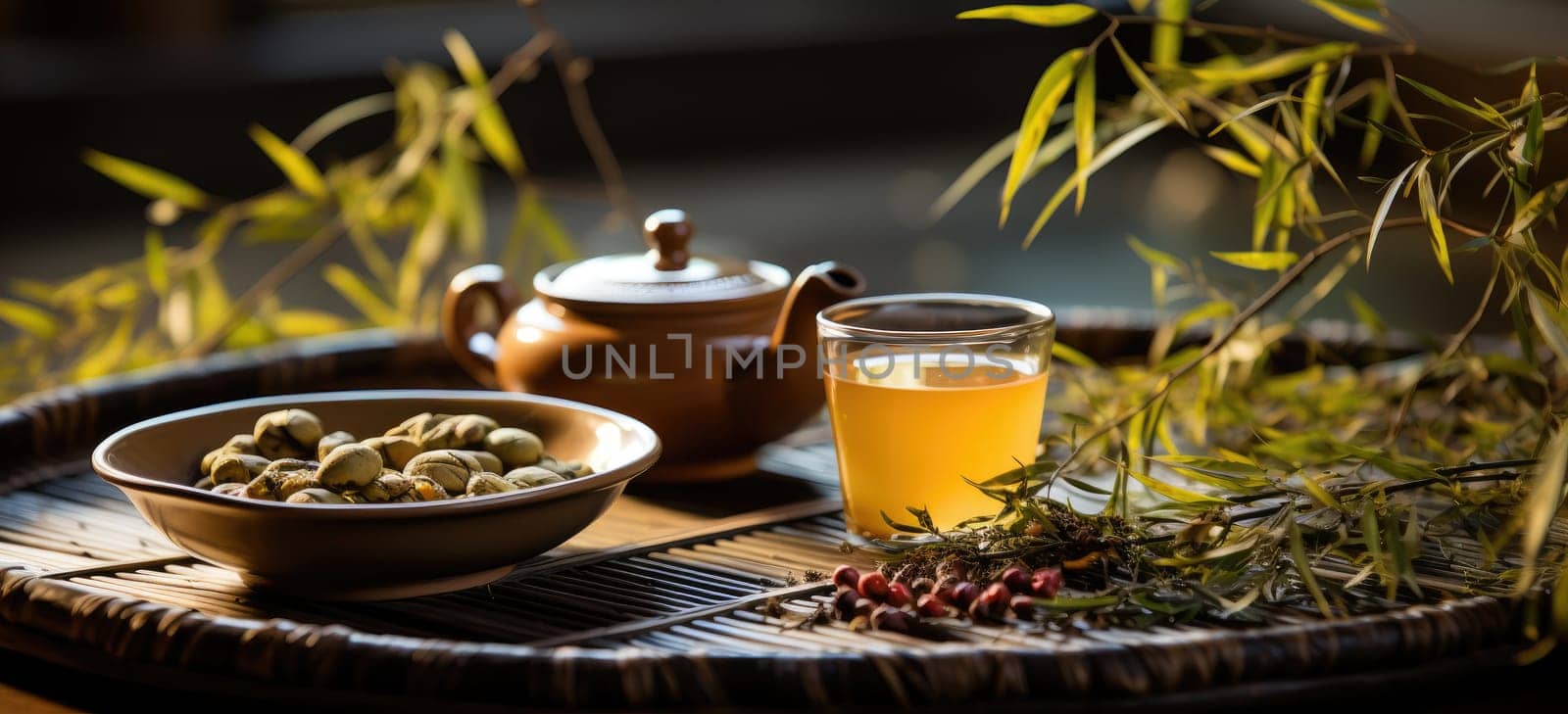 Green tea with teapot and glass on bamboo tray.