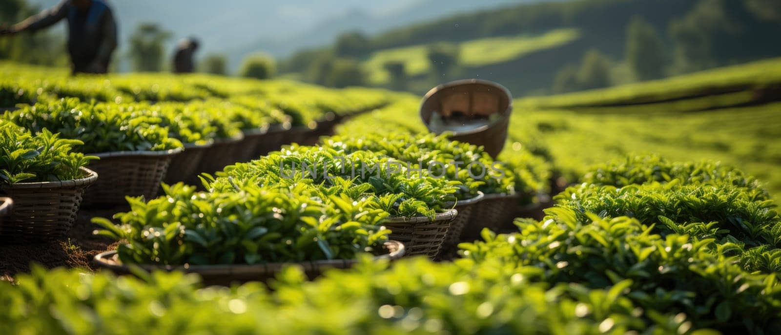 A picturesque scene capturing farmers diligently plucking tea leaves on a vibrant, lush green tea plantation amidst the breathtaking natural beauty of the landscape on a beautiful sunny day.