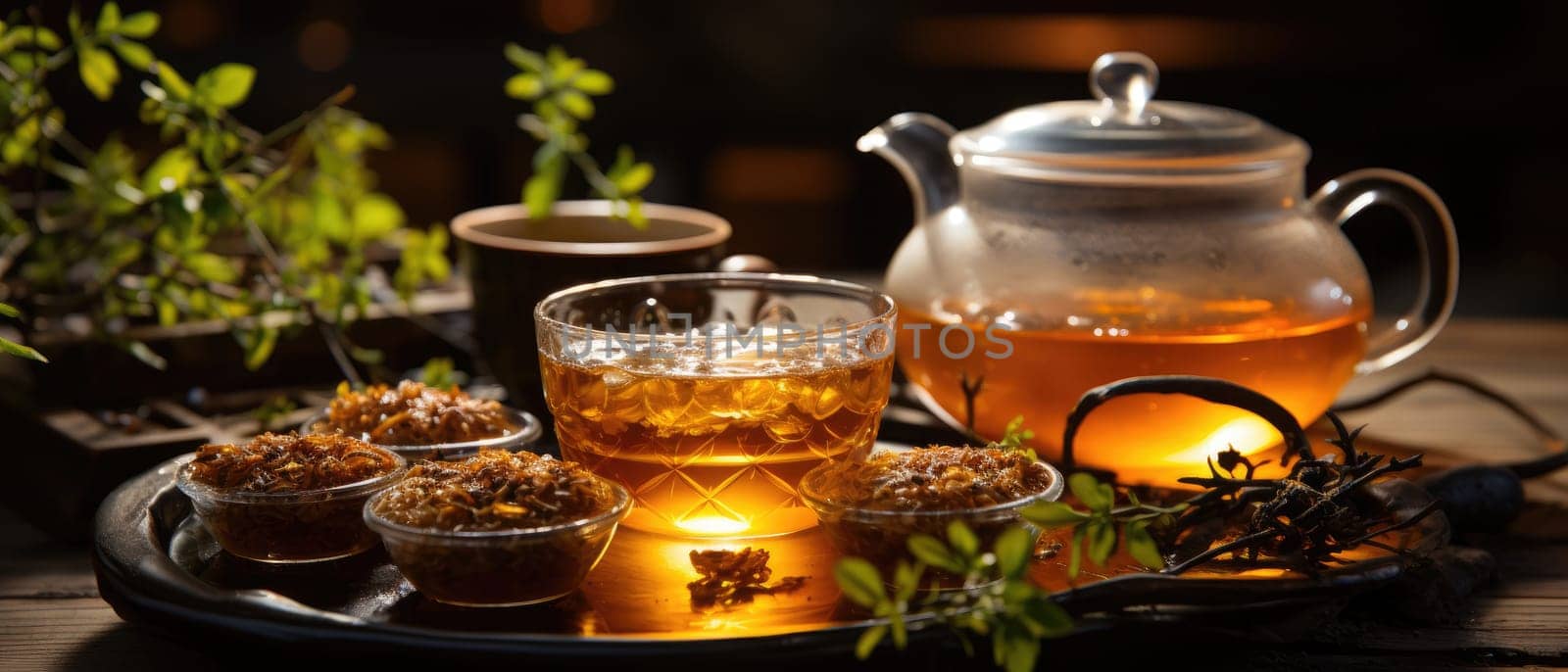 The magic of the tea idyll unfolds with a mug, a glass teapot and a wooden tray against the backdrop of a peaceful atmosphere.