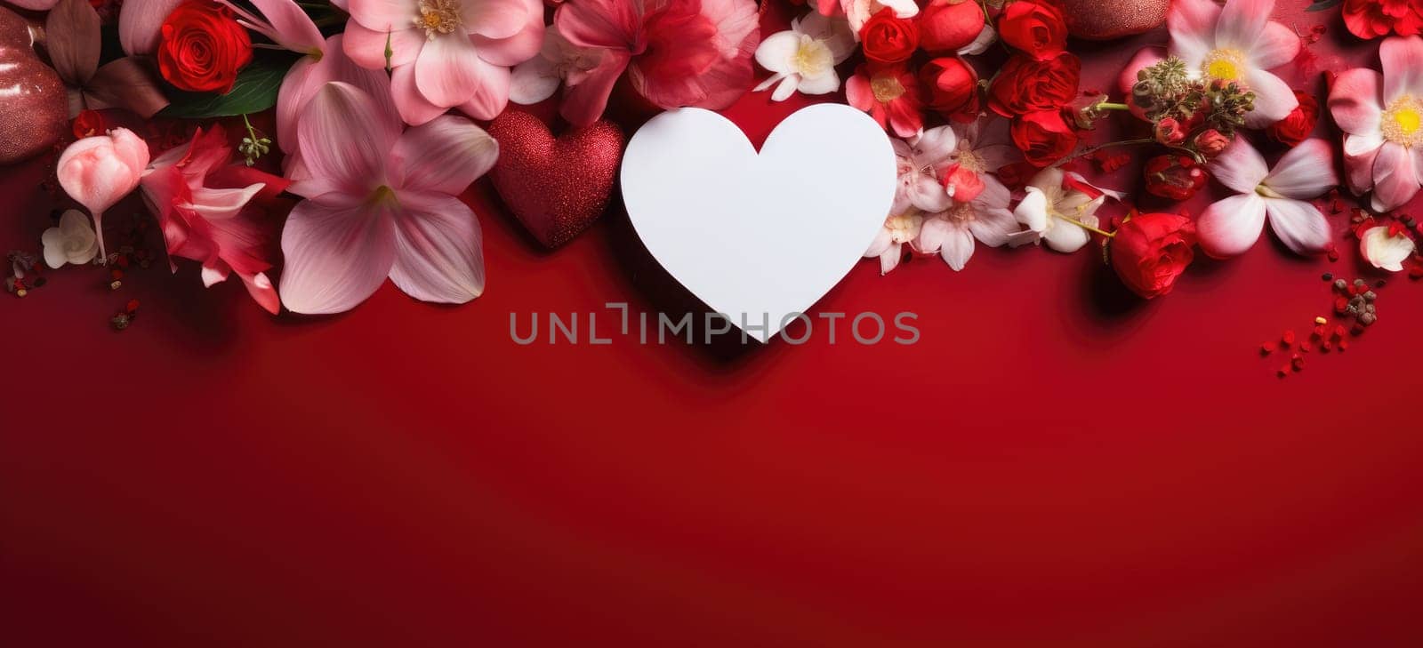 Valentine's Day Greeting Card with Heart Shape Insert and Flowers on Red Background.