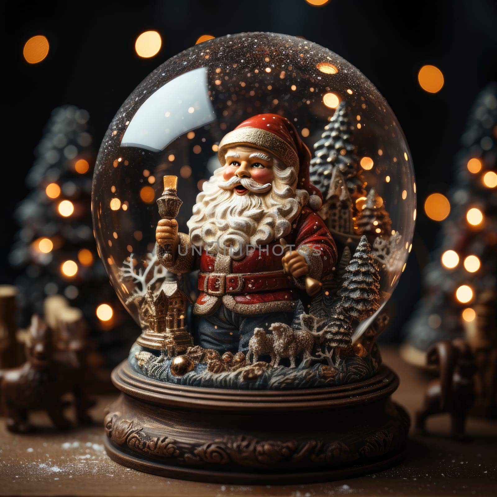 A beautifully crafted Santa Claus snow globe encased in a glass globe makes it the perfect addition to holiday Christmas décor and adds a festive mood to any setting..
