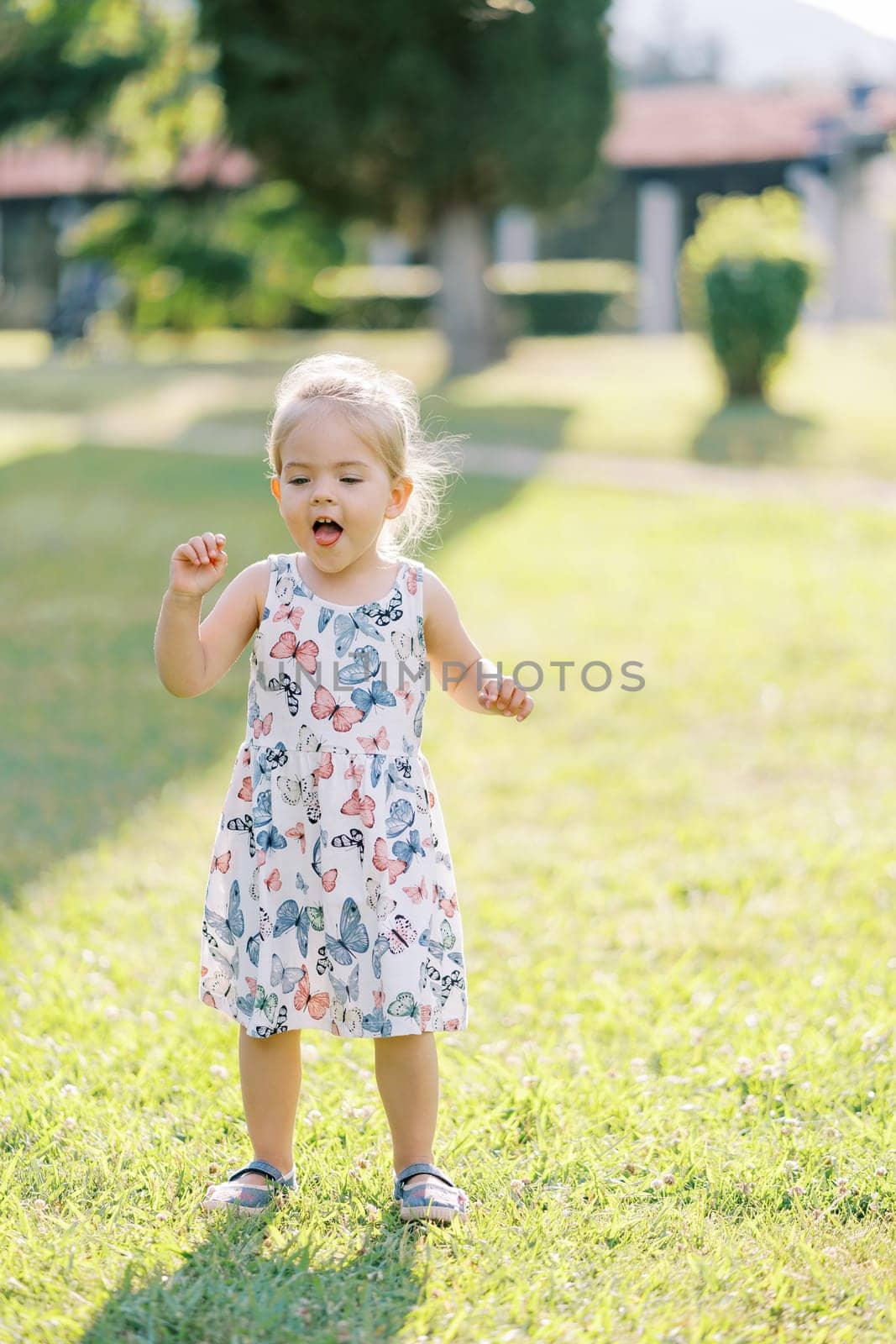 Little girl with her tongue hanging out stands in a sunny meadow. High quality photo