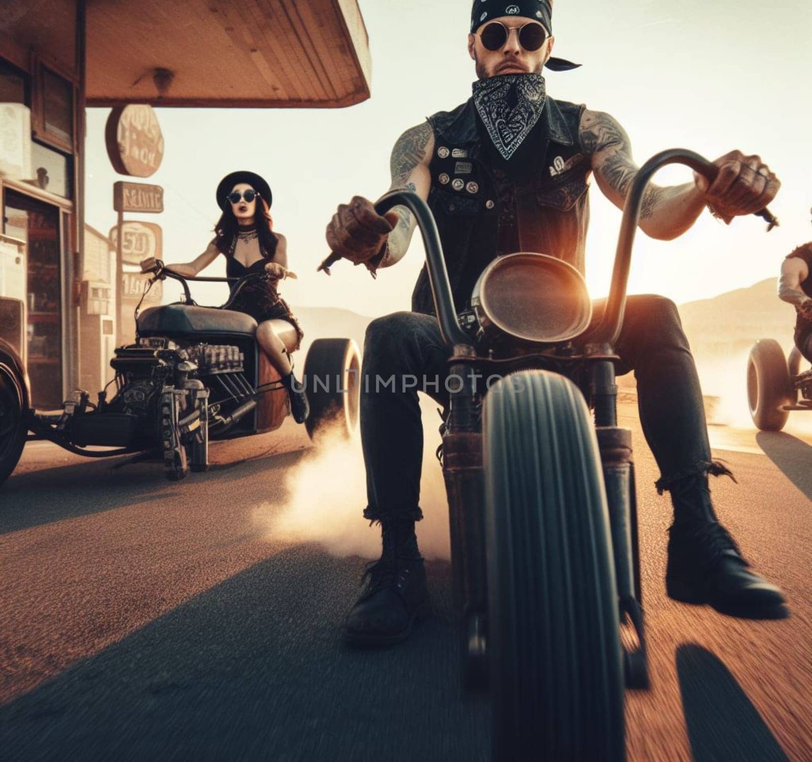 gang of pinup girl and plus size retro vandals in steampunk hot rods and tuned bikes burning rubber, wearing jeans and leather, gas station , desert road, comics illustration, mad max ai generated