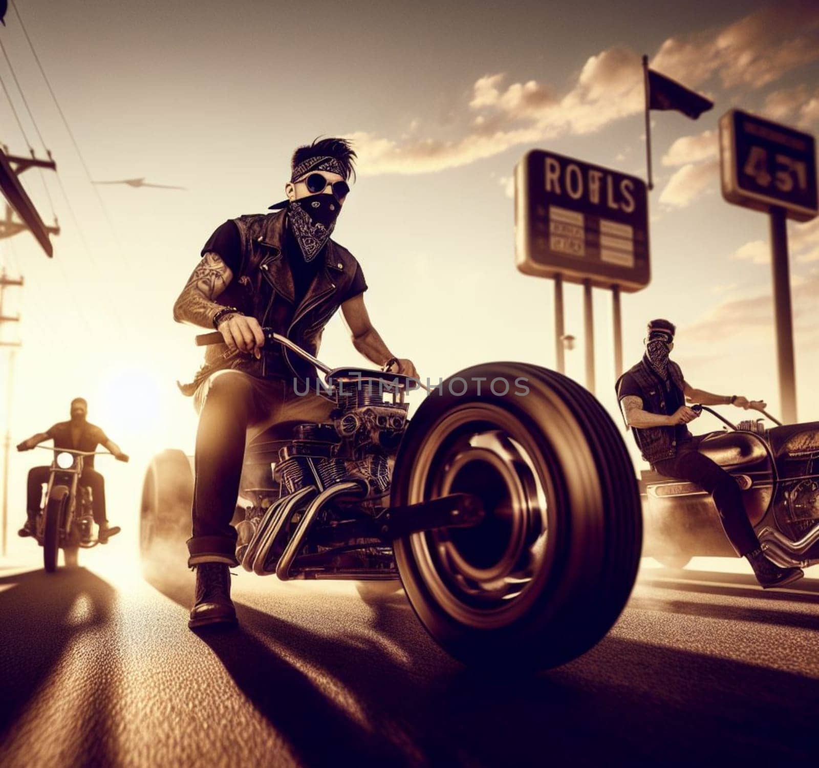 gang of pinup girl and plus size retro vandals in steampunk hot rods and tuned bikes burning rubber, wearing jeans and leather, gas station , desert road, comics illustration, mad max ai generated