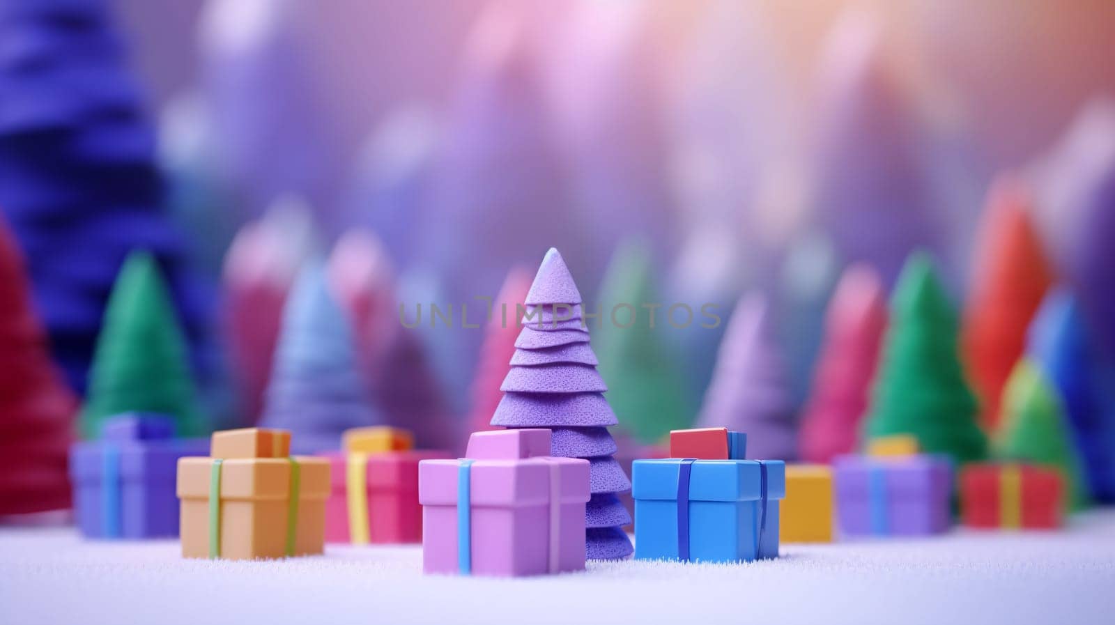 christmas decorative background with papercut gifts and colored xmas trees - Generative AI by chrisroll