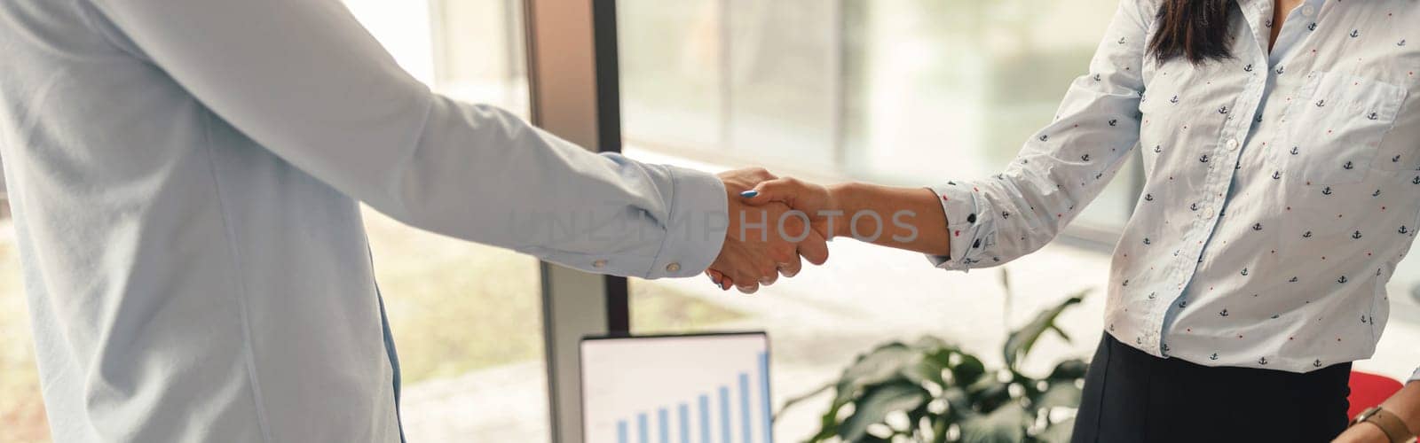 HR manager shaking hands with a successful job candidate during an interview. High quality photo