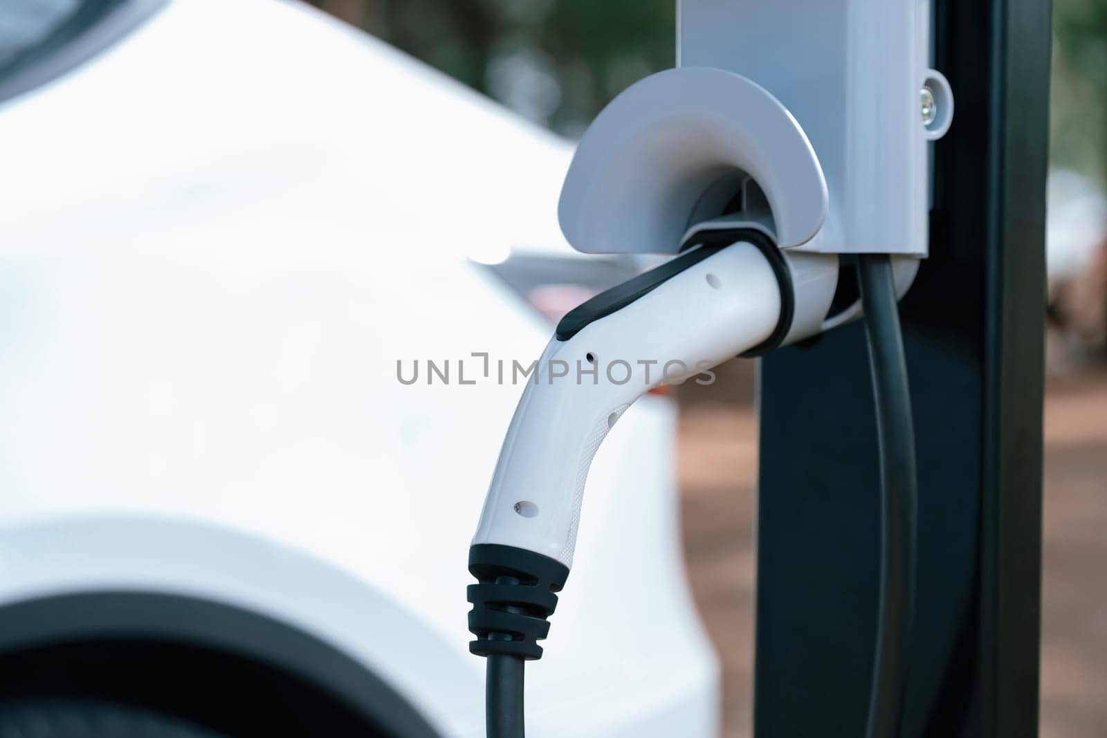 Closeup EV charger handle plugged in or connect to electric car. Perpetual by biancoblue