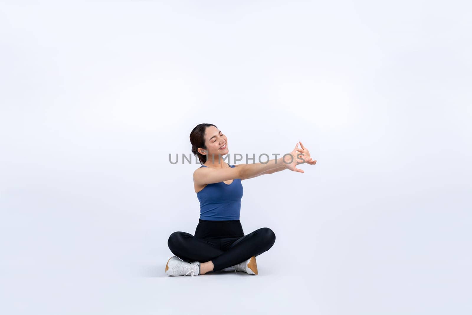 Full body asian woman in sportswear portrait, smiling and posing cheerful gesture. Workout training with attractive girl engage in her pursuit of healthy lifestyle. Isolated background Vigorous