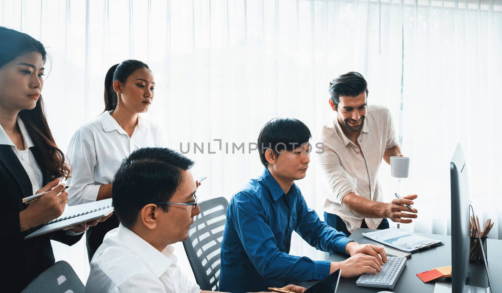 Group of diverse office worker employee working together on strategic business marketing planning in corporate office room. Positive teamwork in business workplace concept. Prudent