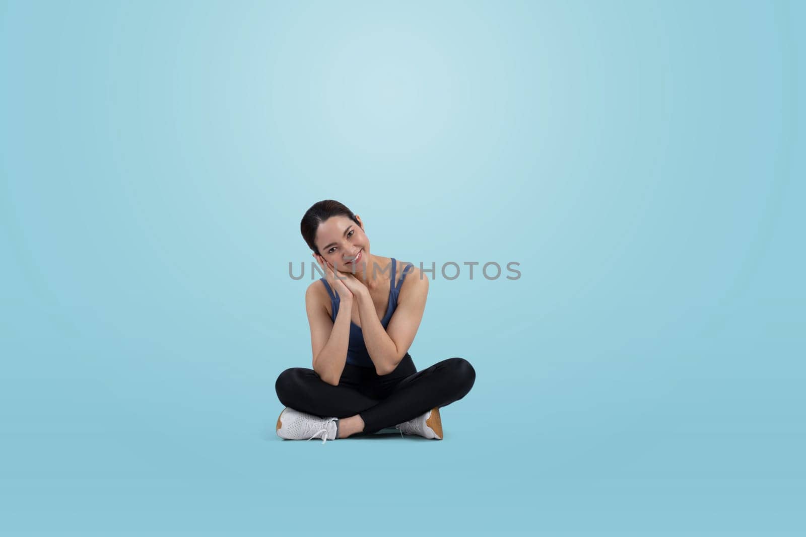 Full body asian woman in sportswear portrait, smiling and posing cheerful gesture. Workout training with attractive girl engage in her pursuit of healthy lifestyle. Isolated background Vigorous