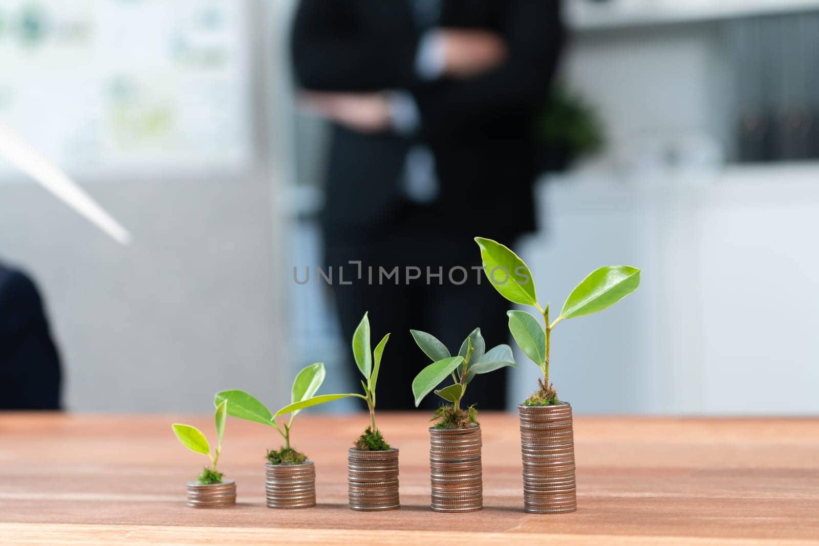 Organic money growth investment concept shown by stacking piles of coin with sprout or baby plant on top. Financial investments rooted and cultivating wealth in harmony with nature. Quaint