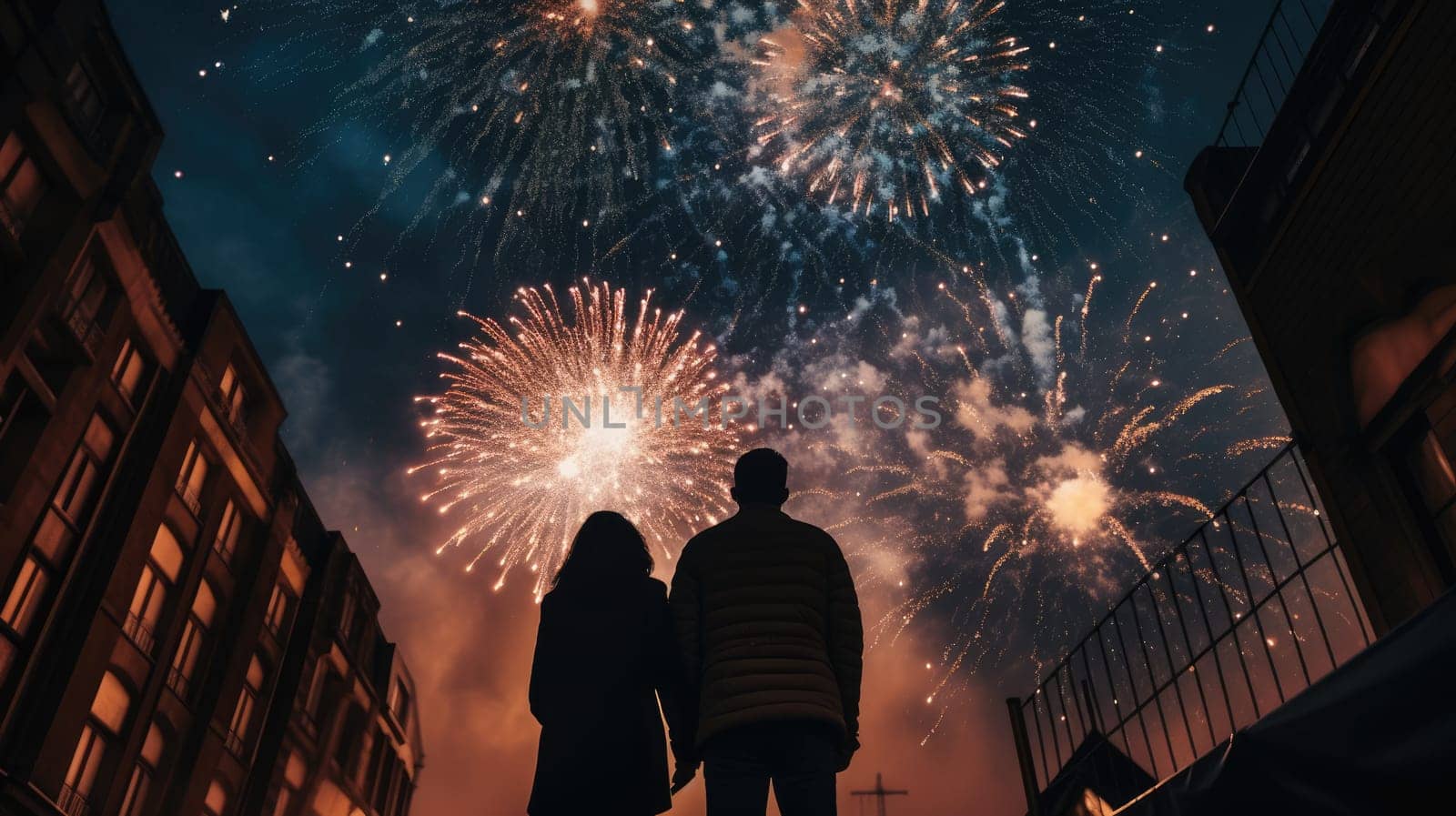 Happy people looking up to the sky with firework in new year 2024 night celebrate happy new year festival 2024 comeliness.