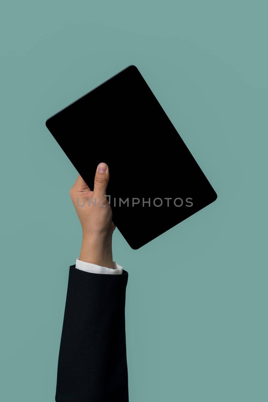 Hand holding tablet device on isolated background for start up tech company. Eco-friendly green business promoting electronic waste policy idea. Quaint