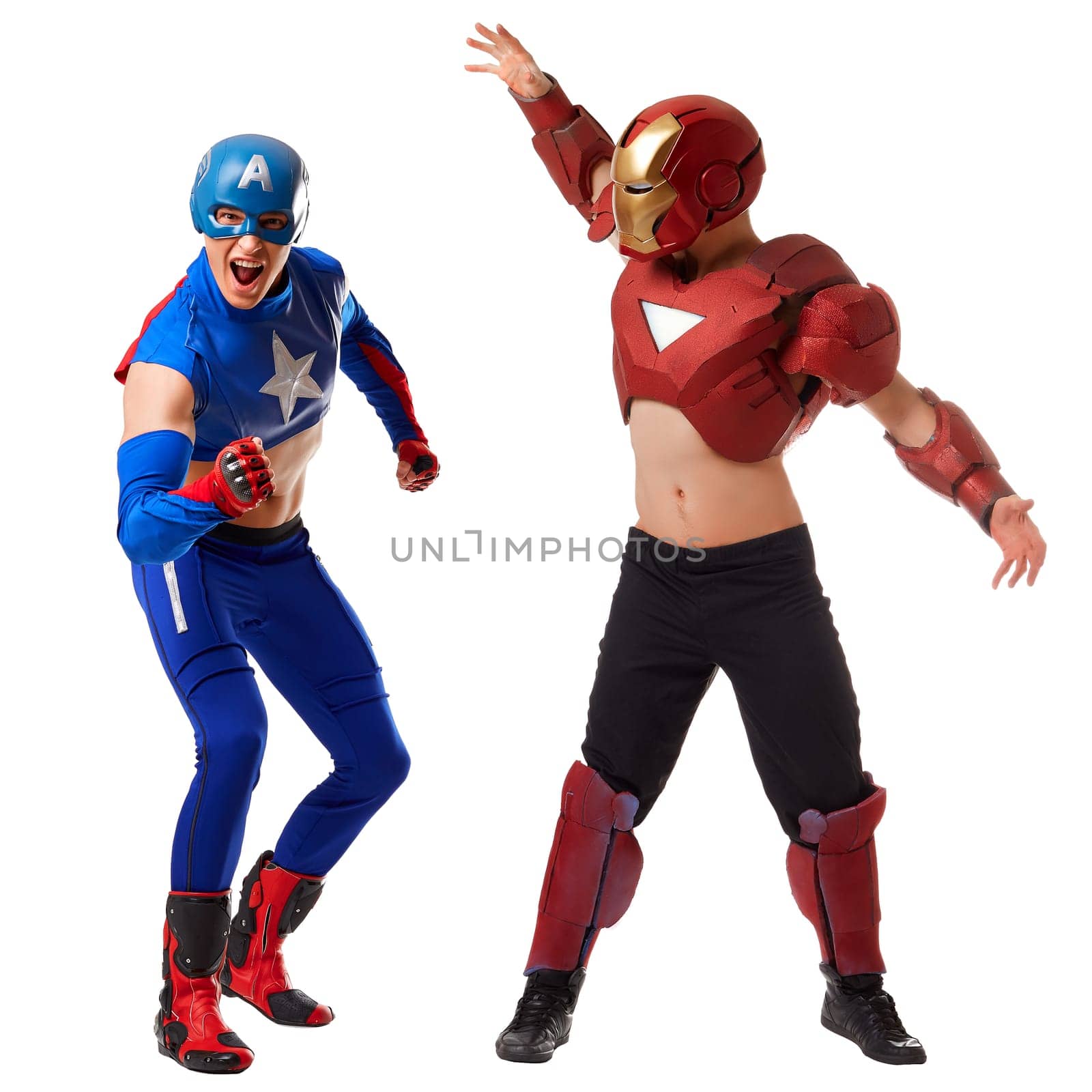 Sexy men dressed in costumes of Iron Man and Captain America