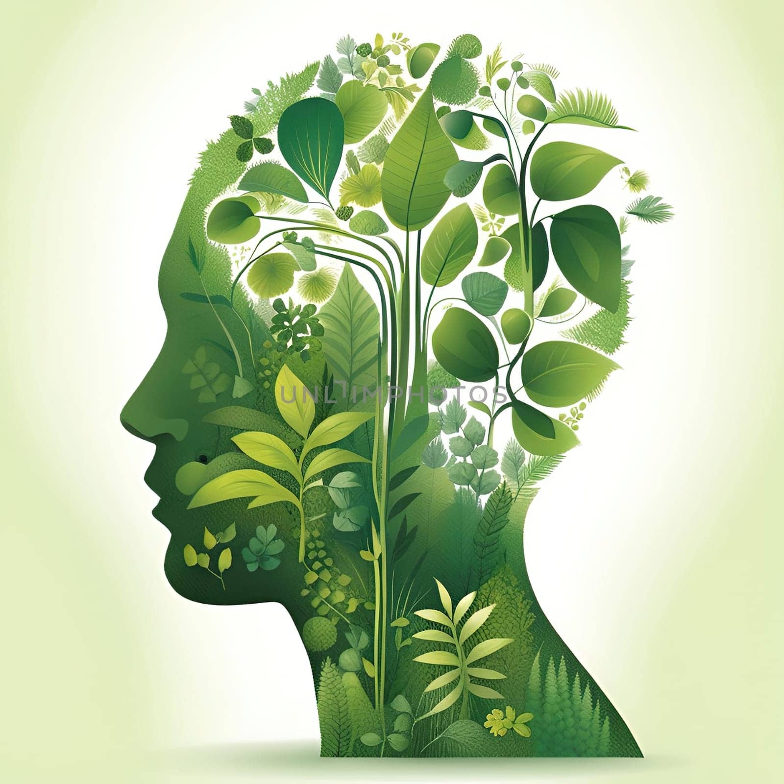 Human head silhouette with green leaves. Ecology concept. Vector illustration.Human head with green leaves as a concept of ecology. Human head made of leaves and plants on white background.