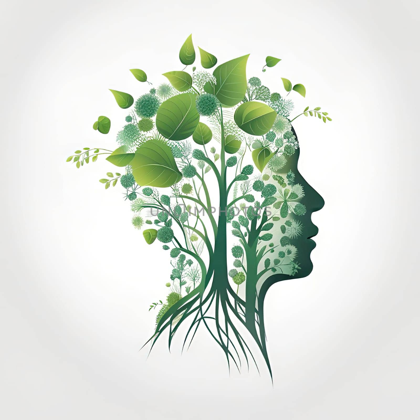 Human head silhouette with green leaves. Ecology concept. Vector illustration.Human head with green leaves as a concept of ecology. Human head made of leaves and plants on white background.