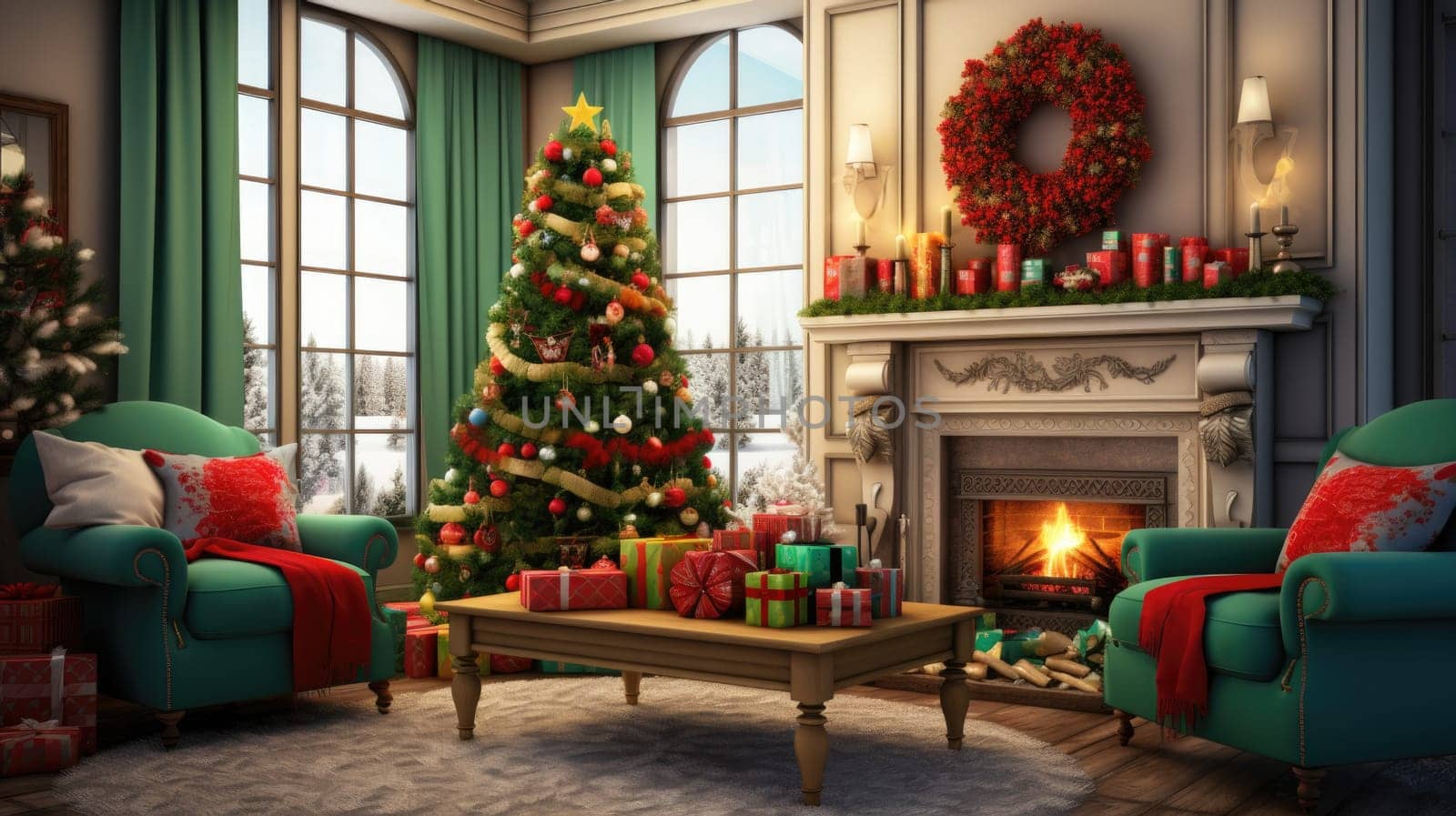 Interior of decorated living room with Christmas tree and sofa comeliness by biancoblue