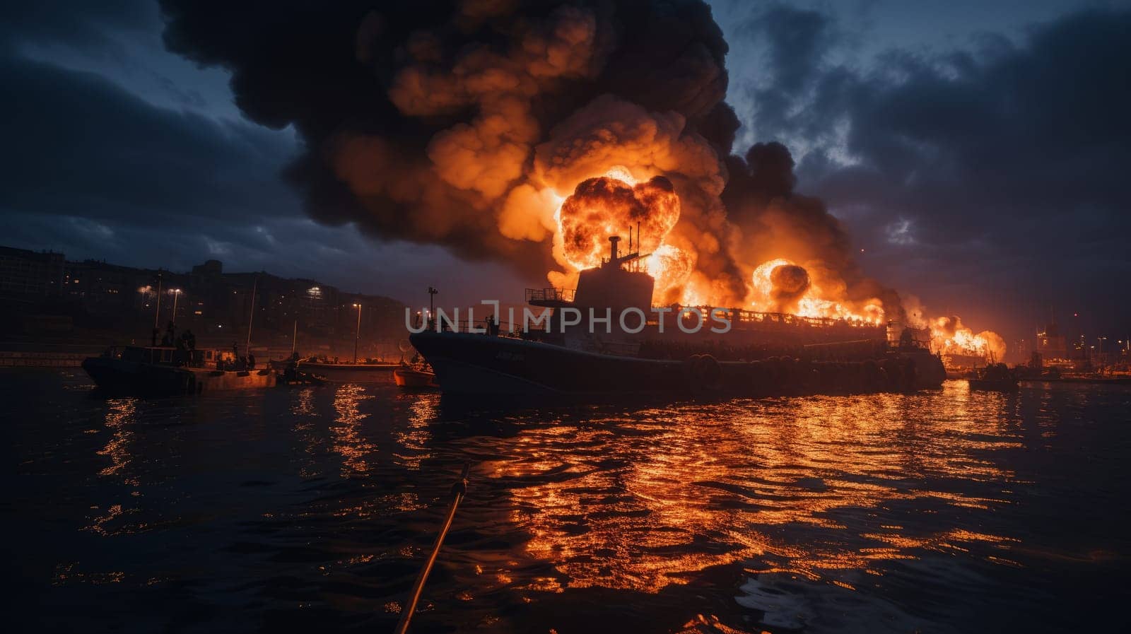 Burning naval vessel in the port. AI by but_photo