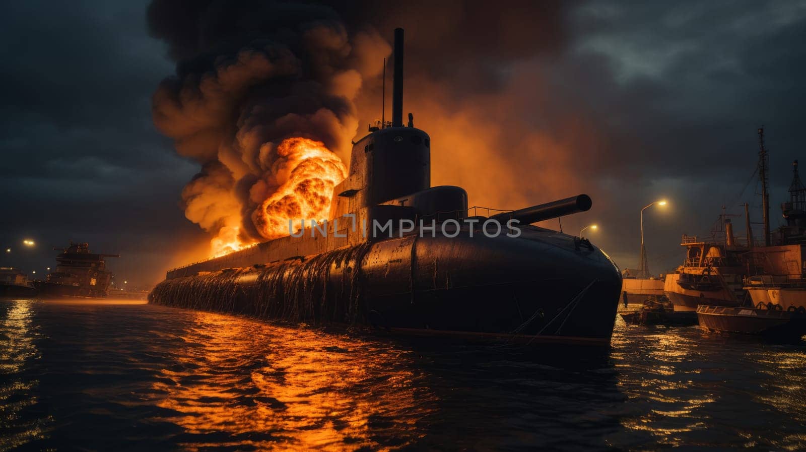 Burning naval vessel in the port. AI by but_photo