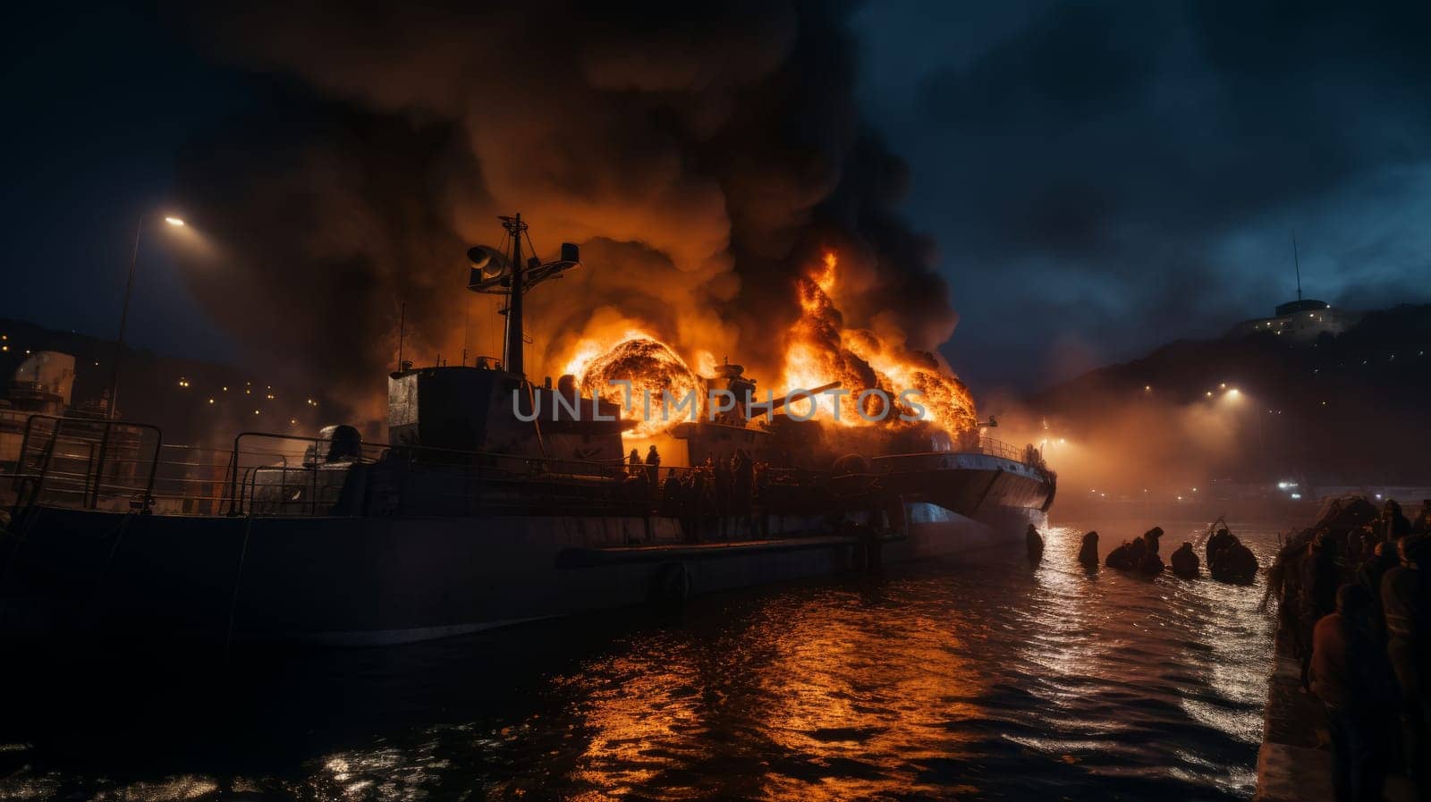 Large naval military vessel is on fire due to an explosion, an emergency dangerous situation in the seaport. AI