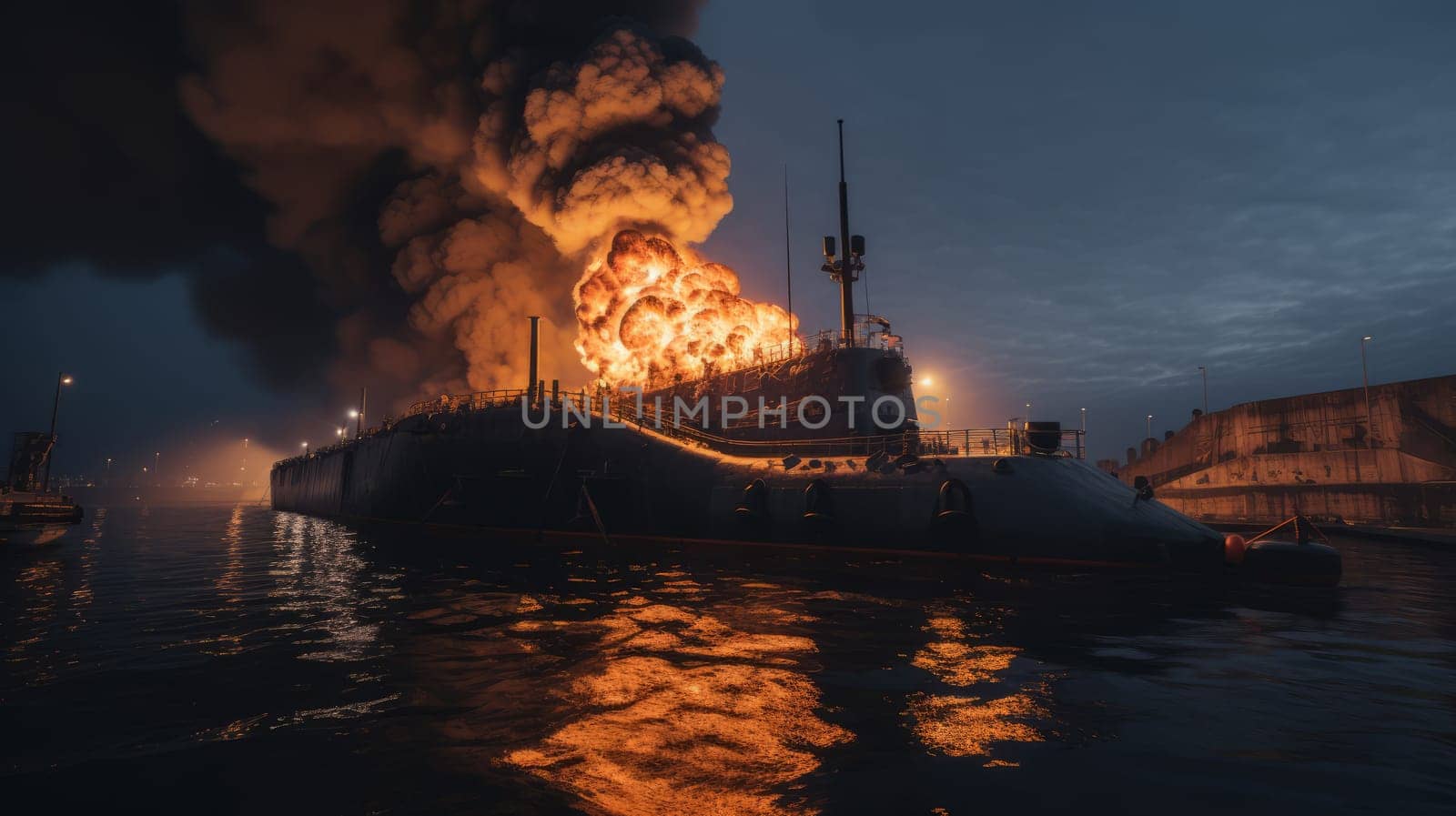 Large naval military vessel is on fire due to an explosion, an emergency dangerous situation in the seaport. AI