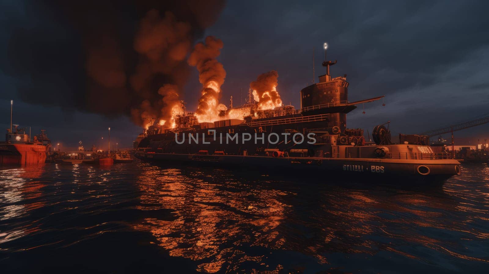 Large naval military vessel is on fire due to an explosion, an emergency dangerous situation in the seaport. AI