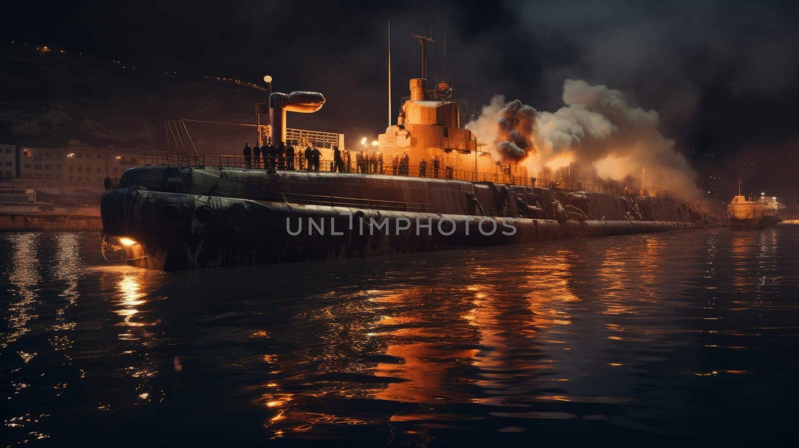 Burning naval vessel in the port. AI by but_photo