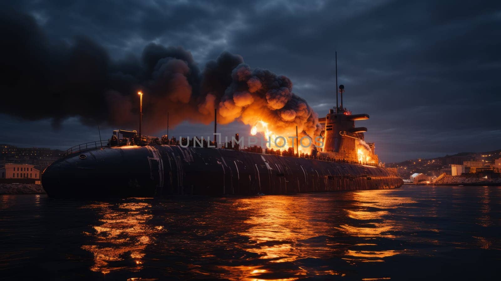 Large naval military vessel is on fire due to an explosion, an emergency dangerous situation in the seaport. AI