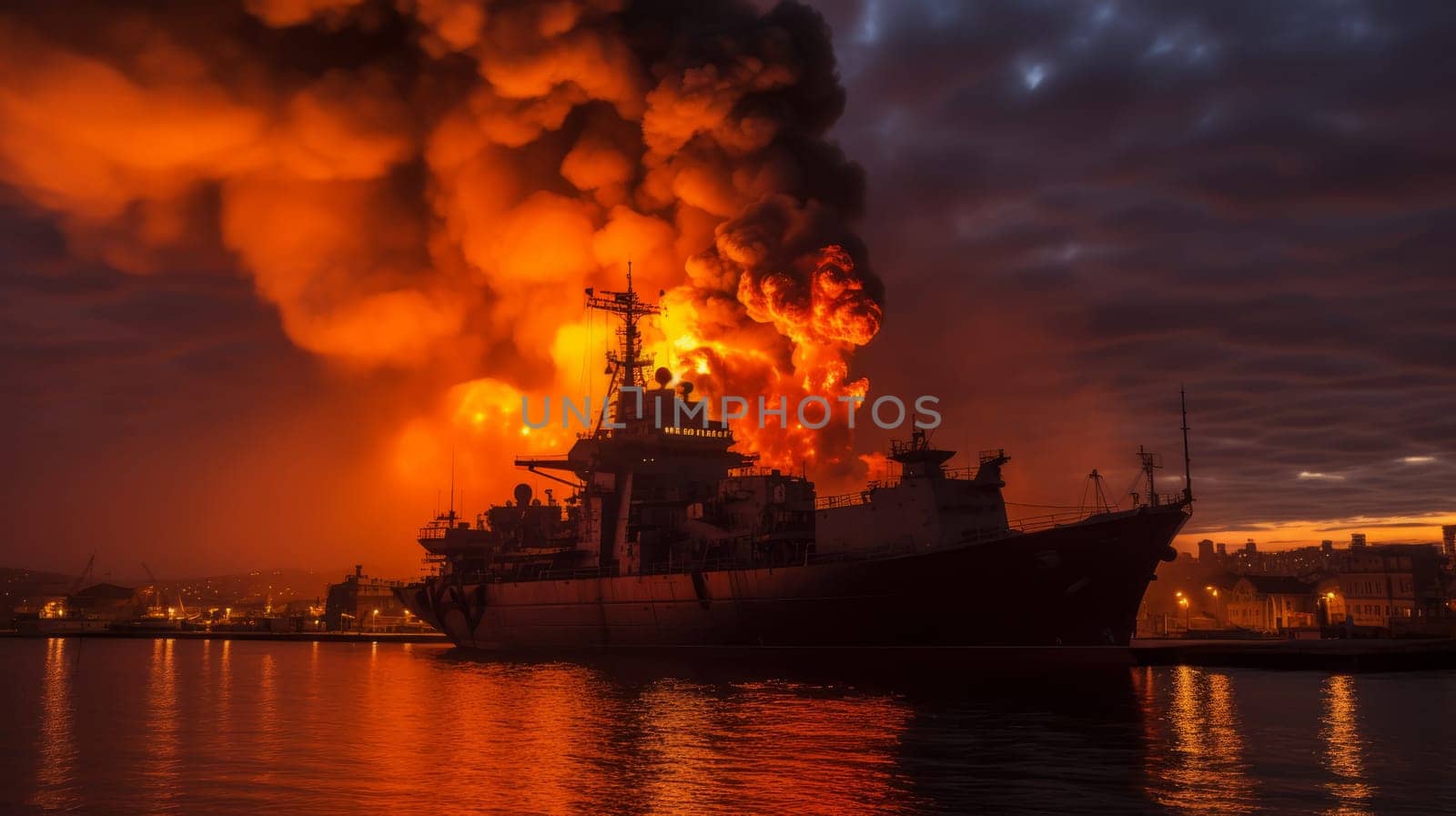 Burning naval vessel in the port. AI by but_photo