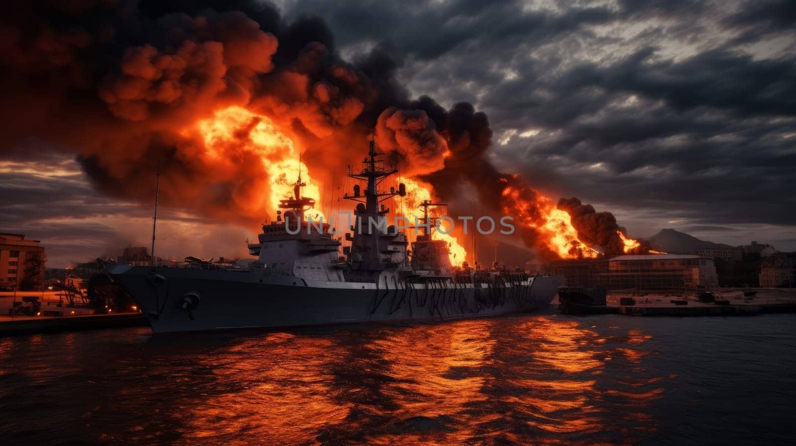 Large naval military vessel is on fire due to an explosion, an emergency dangerous situation in the seaport. AI