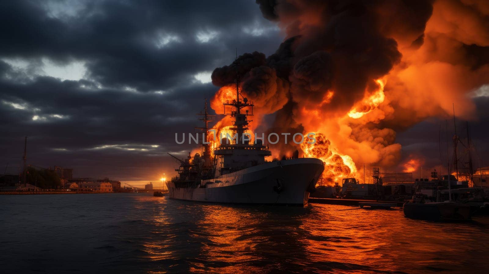 Burning naval vessel in the port. AI by but_photo