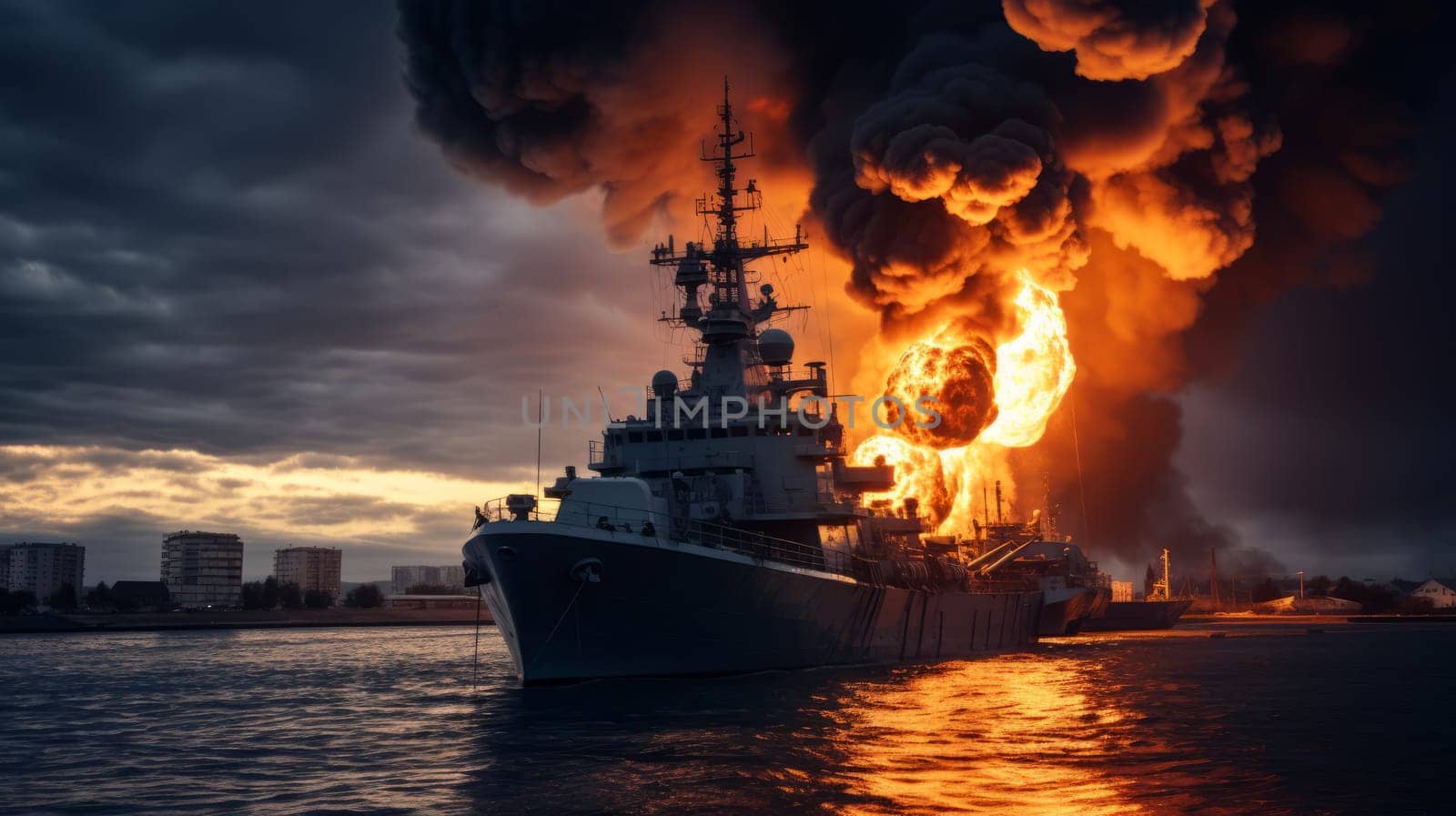 Burning naval vessel in the port. AI by but_photo