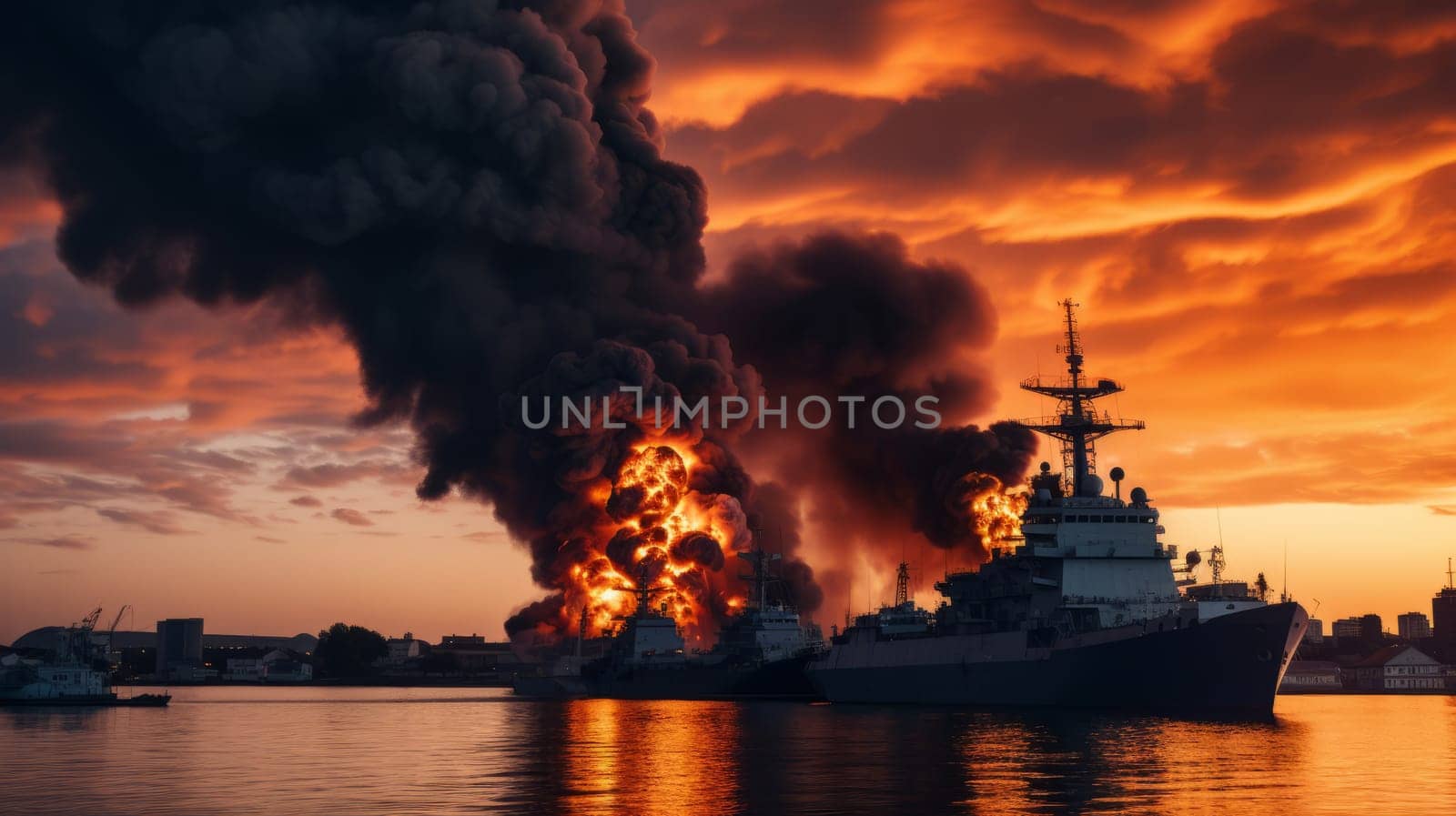 Large naval military vessel is on fire due to an explosion, an emergency dangerous situation in the seaport. AI