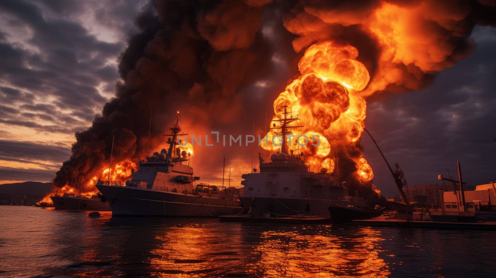 Burning naval vessel in the port. AI by but_photo